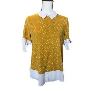 Vintage Style Mustard Yellow and White Polka dot Collared Bow Tie Blouse Small
